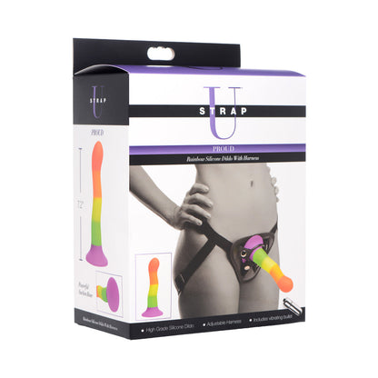 XR BRANDS - STRAP U PROUD RAINBOW SILICONE DILDO WITH HARNESS