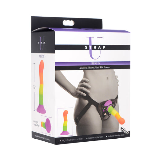 XR BRANDS - STRAP U PROUD RAINBOW SILICONE DILDO WITH HARNESS