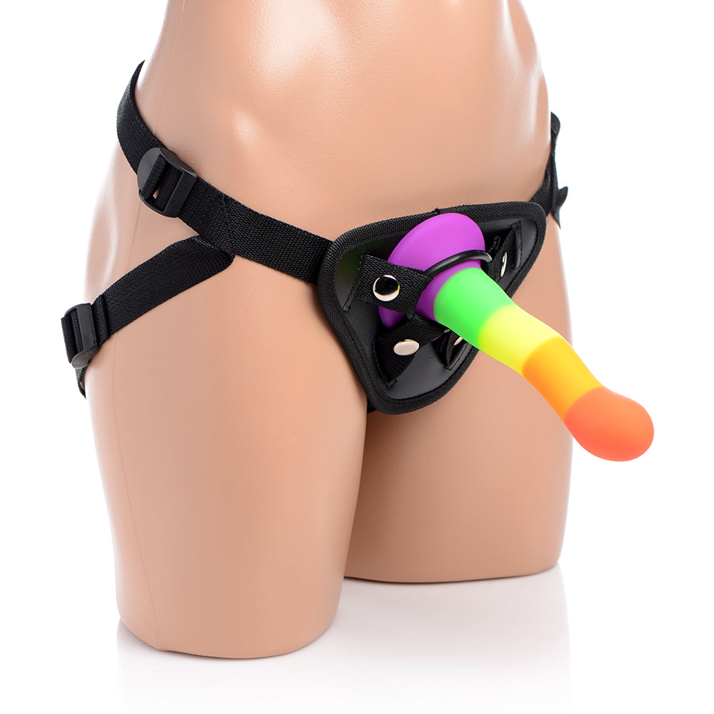 XR BRANDS - STRAP U PROUD RAINBOW SILICONE DILDO WITH HARNESS