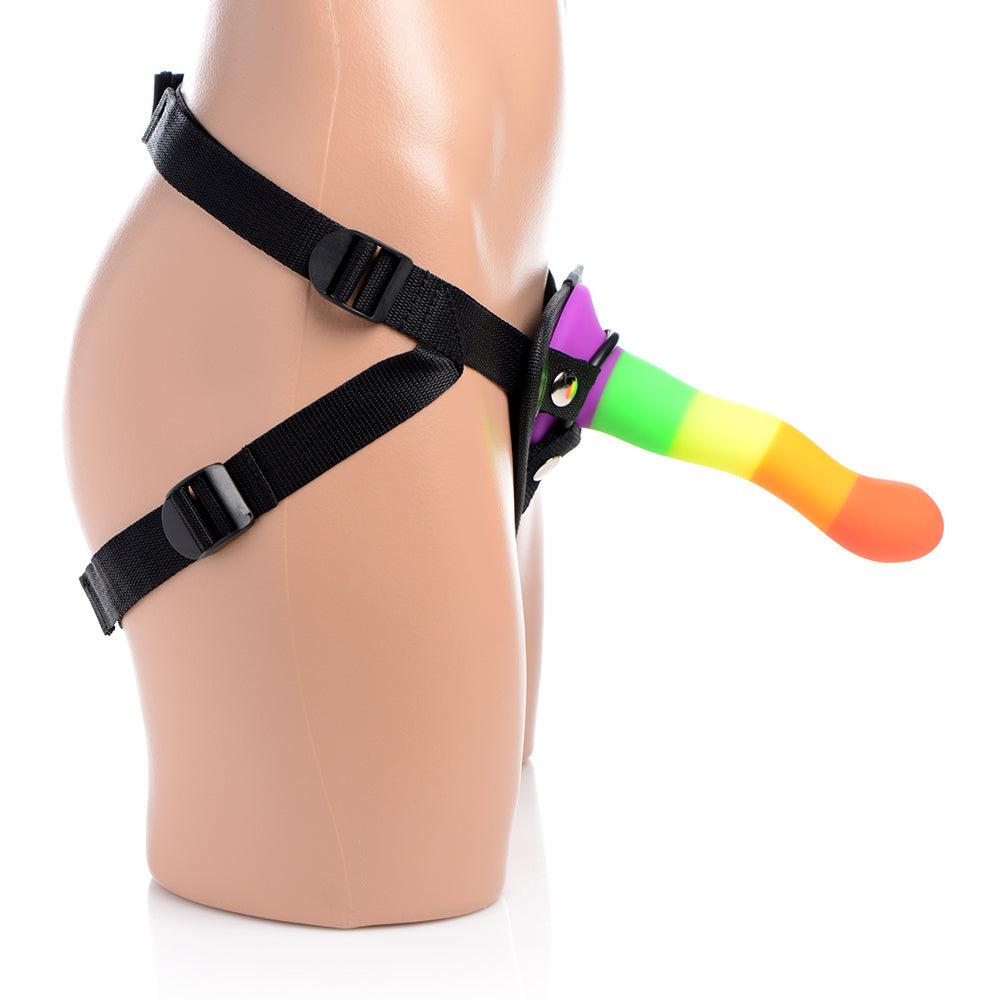 XR BRANDS - STRAP U PROUD RAINBOW SILICONE DILDO WITH HARNESS