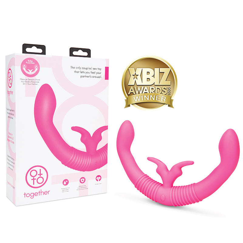 TOGETHER COUPLES TOY WITH ECHO FUNCTION RECHARGEABLE SILICONE DUAL ENDED RABBIT VIBRATOR PINK