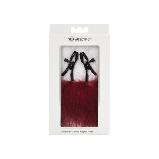 SPORTSHEETS SEX & MISCHIEF ENCHANTED FEATHER NIPPLE CLAMPS BURGUNDY