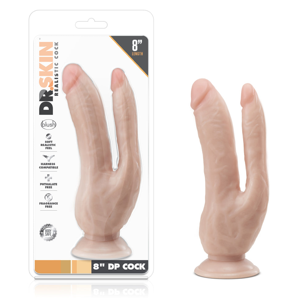 DR. SKIN DP COCK REALISTIC 8 IN. DUAL ENTRY DILDO BEIGE