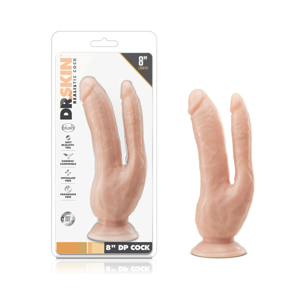 DR. SKIN DP COCK REALISTIC 8 IN. DUAL ENTRY DILDO BEIGE