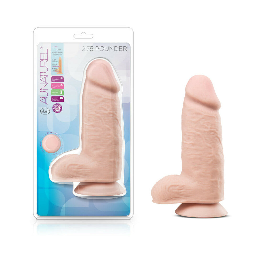AU NATUREL 2.75 POUNDER 10 IN. POSABLE DUAL DENSITY DILDO WITH BALLS BEIGE