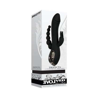 EVOLVED TRIFECTA RECHARGEABLE DUAL ENTRY TRIPLE STIMULATION SILICONE RABBIT VIBRATOR BLACK
