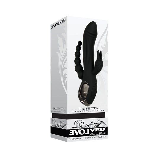 EVOLVED - VIBRADOR RABBIT DE SILICONA DE TRIPLE ESTIMULACIÓN Y DOBLE ENTRADA RECARGABLE TRIFECTA NEGRO