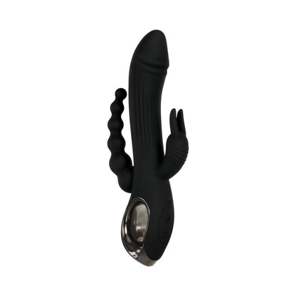 EVOLVED TRIFECTA RECHARGEABLE DUAL ENTRY TRIPLE STIMULATION SILICONE RABBIT VIBRATOR BLACK