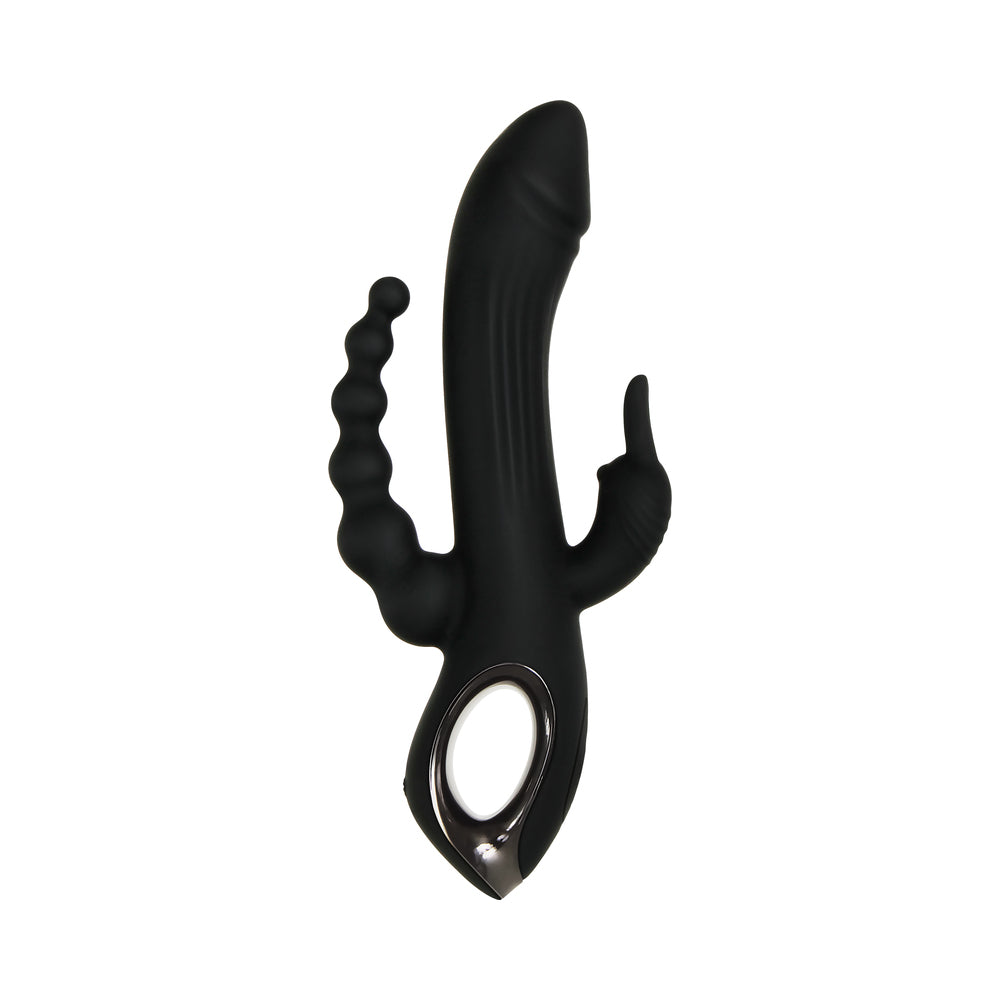 EVOLVED TRIFECTA RECHARGEABLE DUAL ENTRY TRIPLE STIMULATION SILICONE RABBIT VIBRATOR BLACK