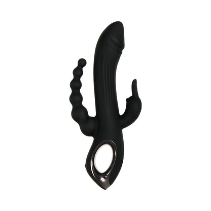 EVOLVED TRIFECTA RECHARGEABLE DUAL ENTRY TRIPLE STIMULATION SILICONE RABBIT VIBRATOR BLACK