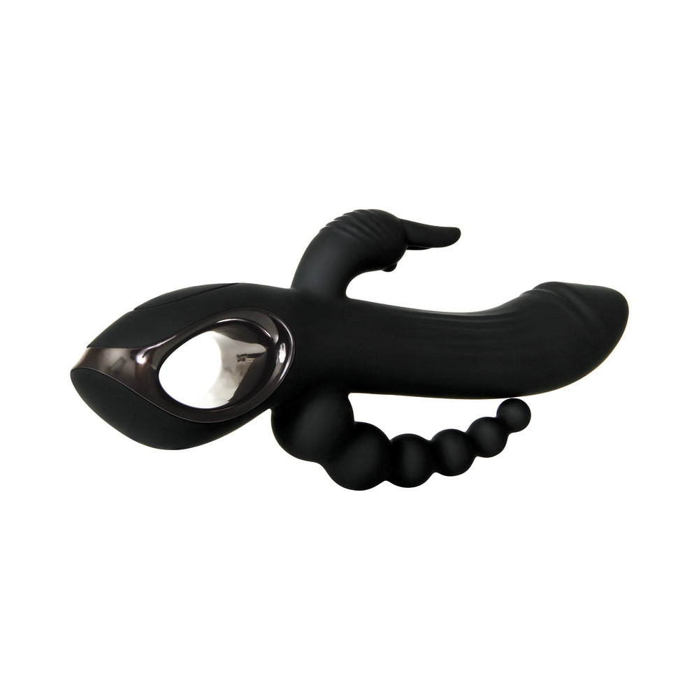 EVOLVED TRIFECTA RECHARGEABLE DUAL ENTRY TRIPLE STIMULATION SILICONE RABBIT VIBRATOR BLACK