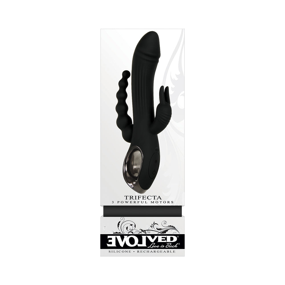 EVOLVED TRIFECTA RECHARGEABLE DUAL ENTRY TRIPLE STIMULATION SILICONE RABBIT VIBRATOR BLACK