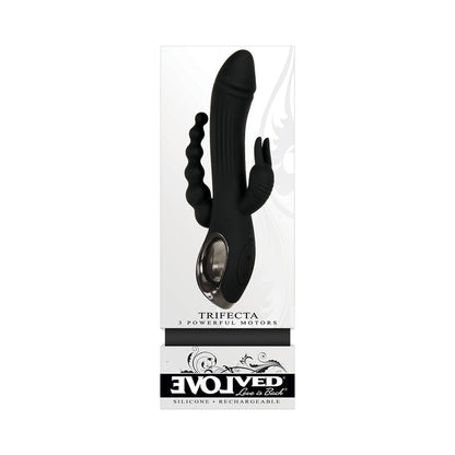 EVOLVED TRIFECTA RECHARGEABLE DUAL ENTRY TRIPLE STIMULATION SILICONE RABBIT VIBRATOR BLACK
