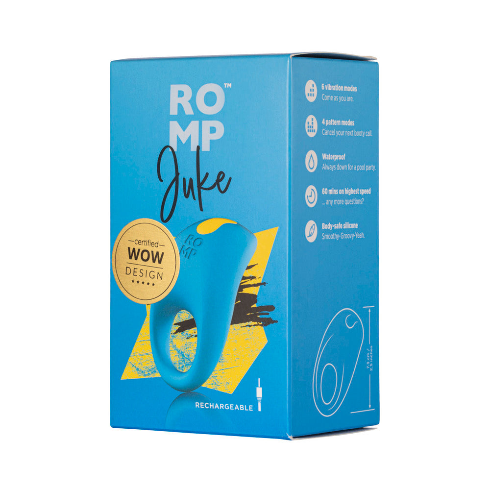 ROMP - ANILLO VIBRADOR DE SILICONA RECARGABLE PARA PENE JUKE, AZUL CLARO