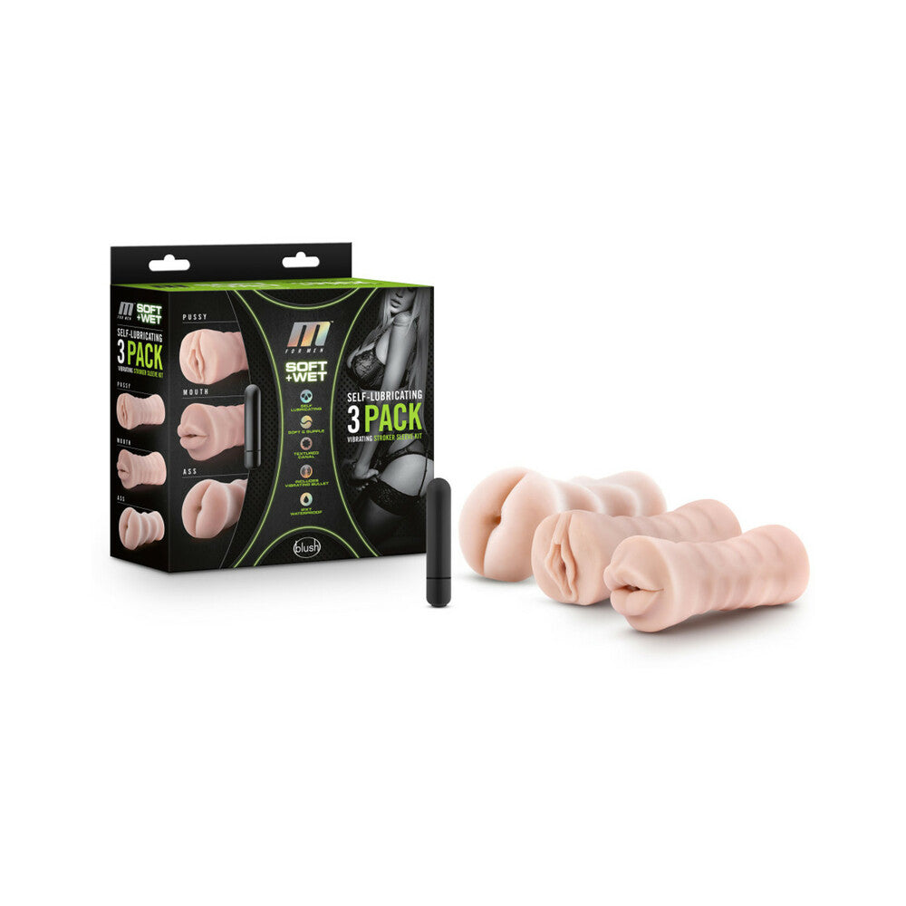 BLUSH - M FOR MEN SOFT + WET SELF-LUBRICATING 3-PACK VIBRATING STROKER SLEEVE KIT BEIGE