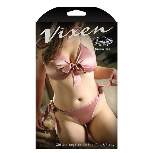 VIXEN GIRL LIKE YOU SATIN TIE FRONT TOP & SIDE TIE PANTY LIGHT PINK QUEEN SIZE