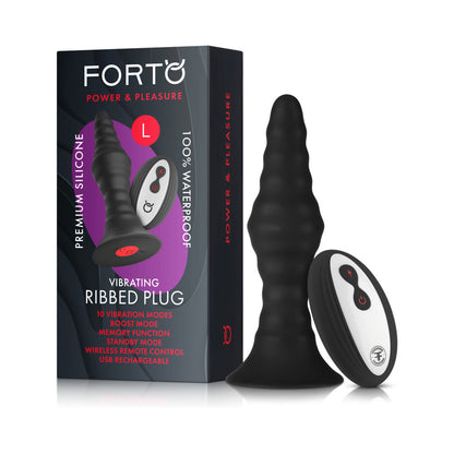 FORTO - VIBRATING RIBBED PLUG RECHARGEABLE REMOTE-CONTROLLED SILICONE ANAL PLUG LARGE BLACK