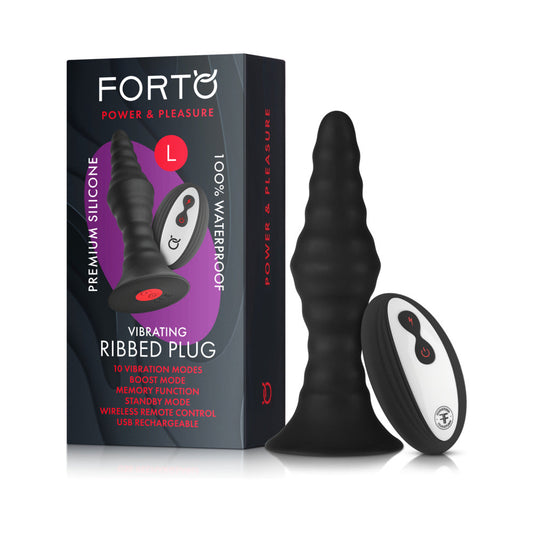 FORTO - VIBRATING RIBBED PLUG RECHARGEABLE REMOTE-CONTROLLED SILICONE ANAL PLUG LARGE BLACK