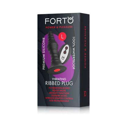 FORTO - VIBRATING RIBBED PLUG RECHARGEABLE REMOTE-CONTROLLED SILICONE ANAL PLUG LARGE BLACK
