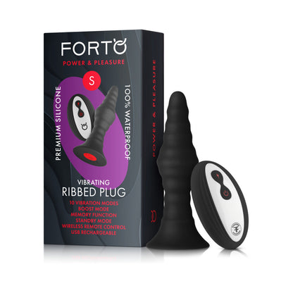 FORTO - VIBRATING RIBBED PLUG RECHARGEABLE REMOTE-CONTROLLED SILICONE ANAL PLUG SMALL BLACK