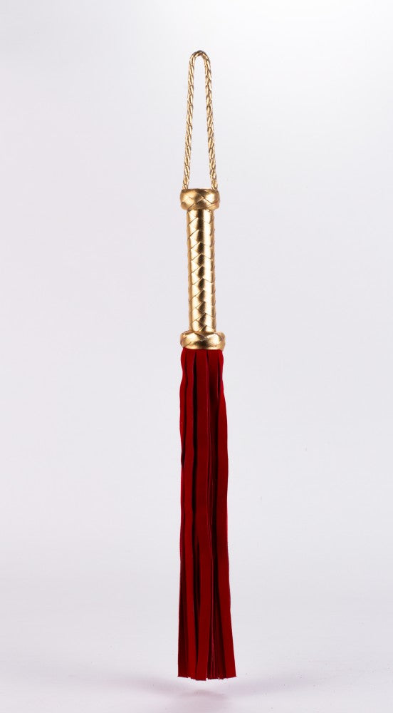 DEVIL STICKS - FLOGGER WITH METALLIC LEATHER HANDLE AND SUEDE LEATHER TAILS RED 18"