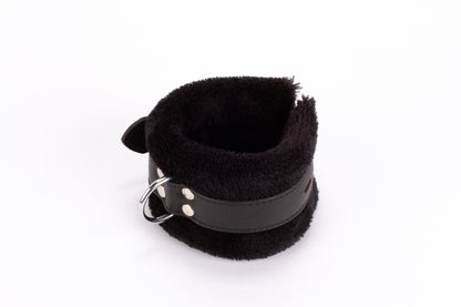 DEVIL STICKS - HANDCUFF DESIGN MADE IN CALF SOFTY LEATHER AND PUFFED FUR BLACK