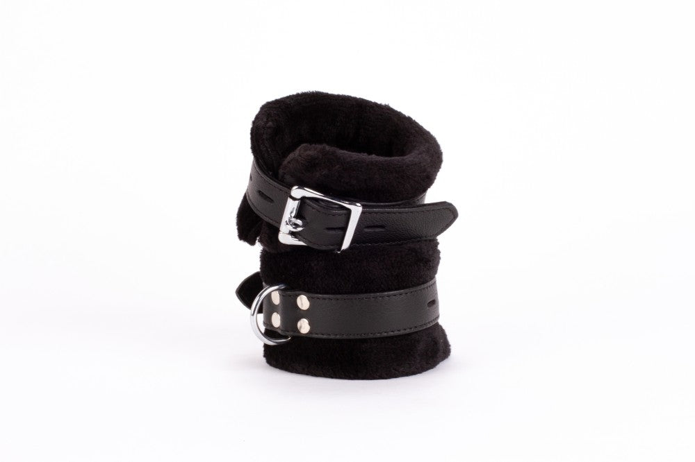 DEVIL STICKS - HANDCUFF DESIGN MADE IN CALF SOFTY LEATHER AND PUFFED FUR BLACK