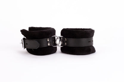 DEVIL STICKS - HANDCUFF DESIGN MADE IN CALF SOFTY LEATHER AND PUFFED FUR BLACK