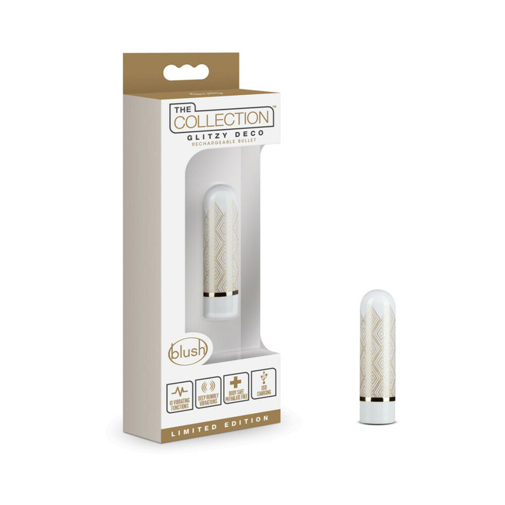 BLUSH THE COLLECTION GLITZY DECO RECHARGEABLE BULLET VIBRATOR WHITE
