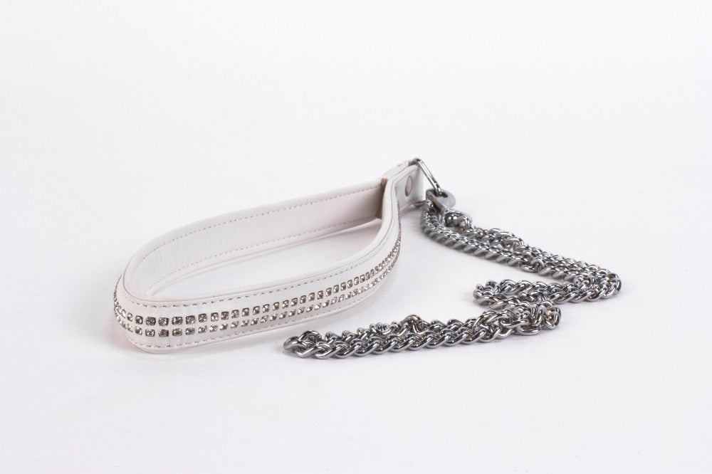 DEVIL STICKS - LAMB LEATHER HANDLE WITH 2 ROWS OF SMALL RHINESTONES AND METAL CHAIN WHITE