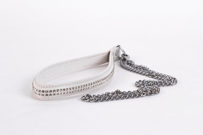 DEVIL STICKS - LAMB LEATHER HANDLE WITH 2 ROWS OF SMALL RHINESTONES AND METAL CHAIN WHITE