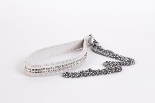 DEVIL STICKS - LAMB LEATHER HANDLE WITH 2 ROWS OF SMALL RHINESTONES AND METAL CHAIN WHITE