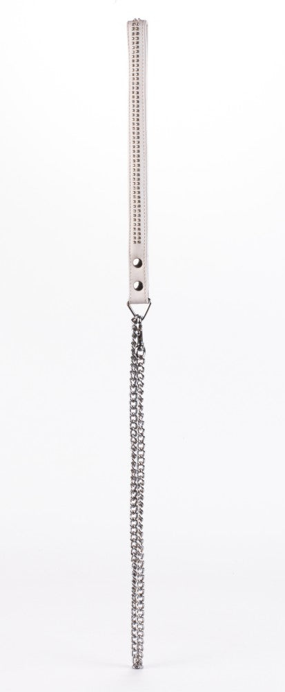 DEVIL STICKS - LAMB LEATHER HANDLE WITH 2 ROWS OF SMALL RHINESTONES AND METAL CHAIN WHITE