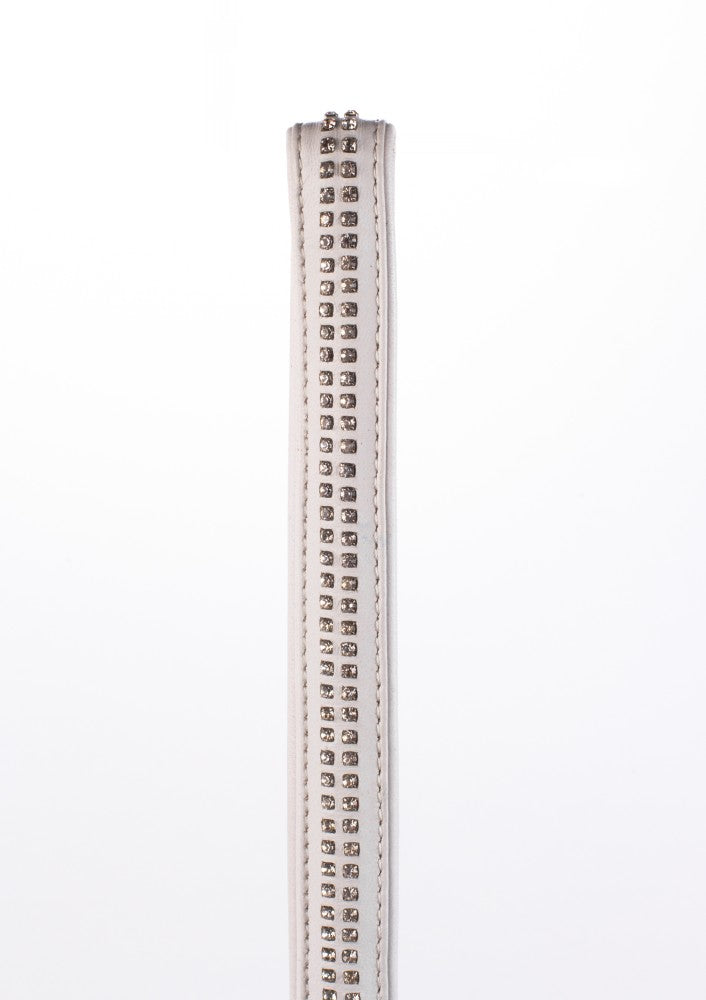 DEVIL STICKS - LAMB LEATHER HANDLE WITH 2 ROWS OF SMALL RHINESTONES AND METAL CHAIN WHITE