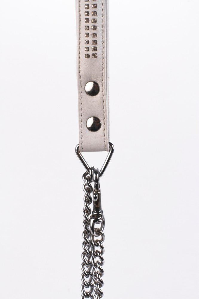 DEVIL STICKS - LAMB LEATHER HANDLE WITH 2 ROWS OF SMALL RHINESTONES AND METAL CHAIN WHITE