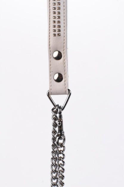 DEVIL STICKS - LAMB LEATHER HANDLE WITH 2 ROWS OF SMALL RHINESTONES AND METAL CHAIN WHITE