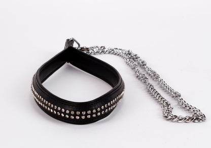 DEVIL STICKS - LAMB LEATHER HANDLE WITH 2 ROWS OF SMALL RHINESTONES AND METAL CHAIN BLACK