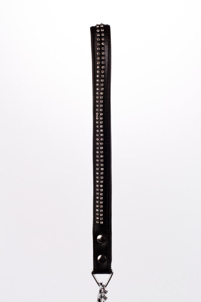 DEVIL STICKS - LAMB LEATHER HANDLE WITH 2 ROWS OF SMALL RHINESTONES AND METAL CHAIN BLACK