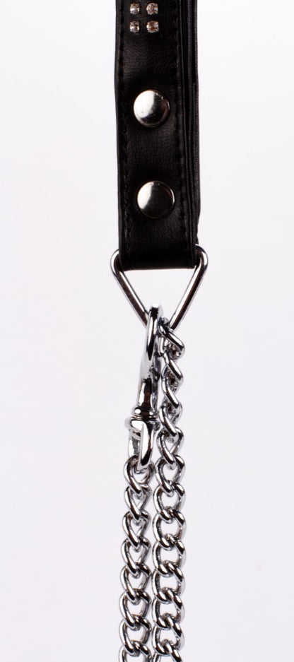 DEVIL STICKS - LAMB LEATHER HANDLE WITH 2 ROWS OF SMALL RHINESTONES AND METAL CHAIN BLACK