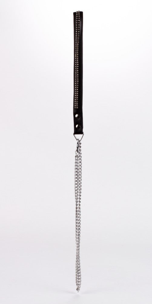 DEVIL STICKS - LAMB LEATHER HANDLE WITH 2 ROWS OF SMALL RHINESTONES AND METAL CHAIN BLACK