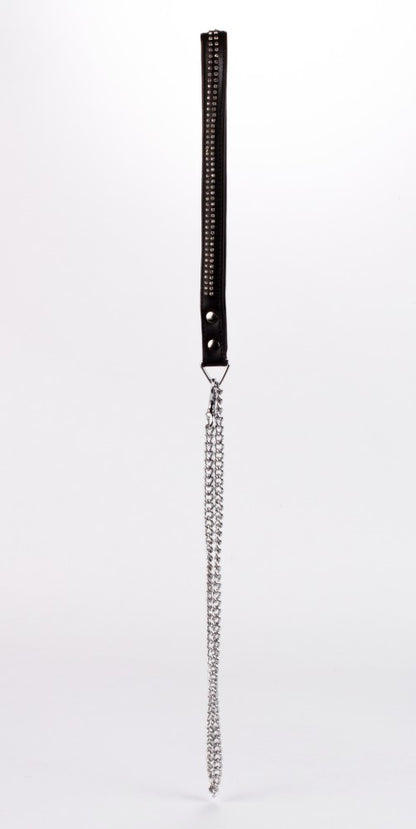 DEVIL STICKS - LAMB LEATHER HANDLE WITH 2 ROWS OF SMALL RHINESTONES AND METAL CHAIN BLACK