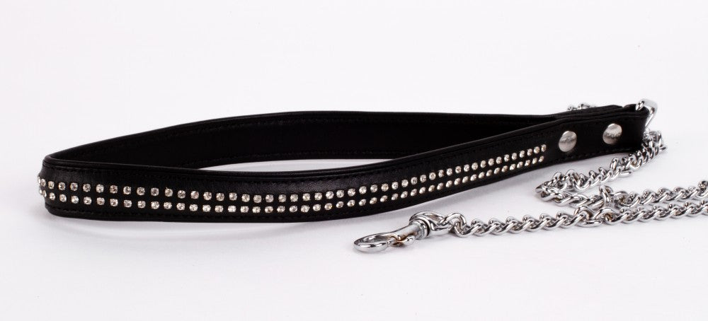 DEVIL STICKS - LAMB LEATHER HANDLE WITH 2 ROWS OF SMALL RHINESTONES AND METAL CHAIN BLACK