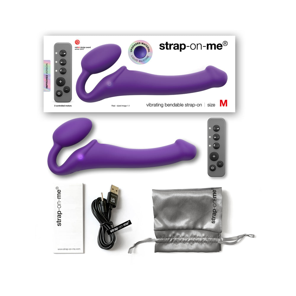 STRAP-ON-ME RECHARGEABLE REMOTE-CONTROLLED SILICONE VIBRATING BENDABLE STRAP-ON PURPLE M