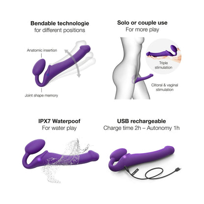STRAP-ON-ME RECHARGEABLE REMOTE-CONTROLLED SILICONE VIBRATING BENDABLE STRAP-ON PURPLE M