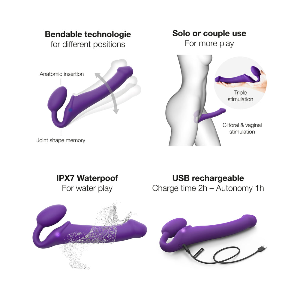 STRAP-ON-ME RECHARGEABLE REMOTE-CONTROLLED SILICONE VIBRATING BENDABLE STRAP-ON PURPLE L