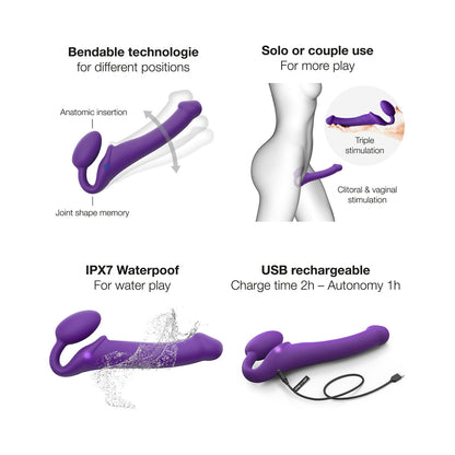 STRAP-ON-ME RECHARGEABLE REMOTE-CONTROLLED SILICONE VIBRATING BENDABLE STRAP-ON PURPLE L