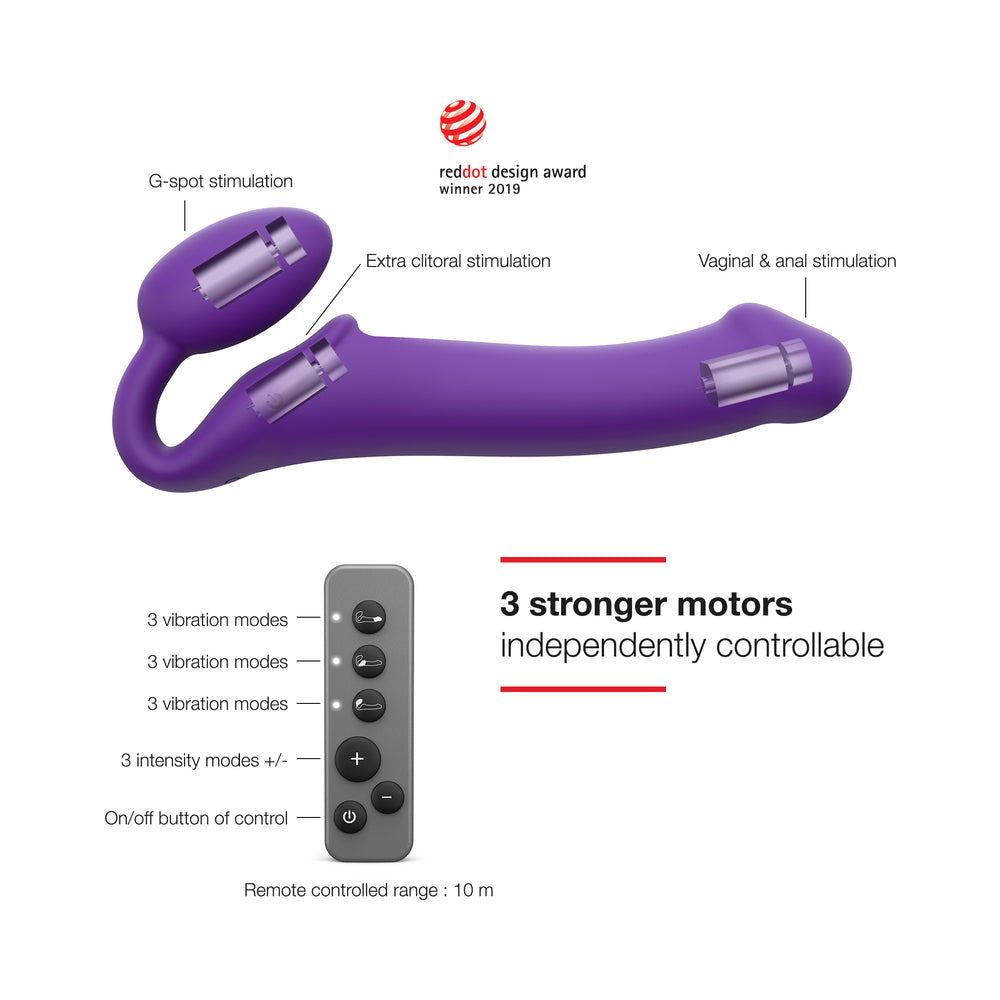STRAP-ON-ME RECHARGEABLE REMOTE-CONTROLLED SILICONE VIBRATING BENDABLE STRAP-ON PURPLE XL