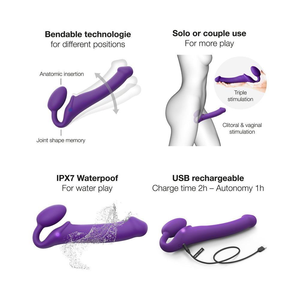STRAP-ON-ME RECHARGEABLE REMOTE-CONTROLLED SILICONE VIBRATING BENDABLE STRAP-ON PURPLE XL