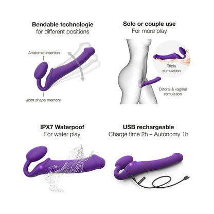 STRAP-ON-ME RECHARGEABLE REMOTE-CONTROLLED SILICONE VIBRATING BENDABLE STRAP-ON PURPLE XL