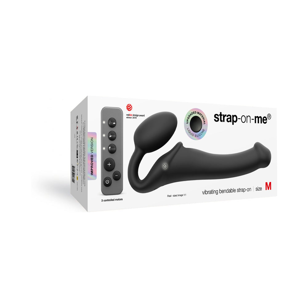 STRAP-ON-ME RECHARGEABLE REMOTE-CONTROLLED SILICONE VIBRATING BENDABLE STRAP-ON BLACK M